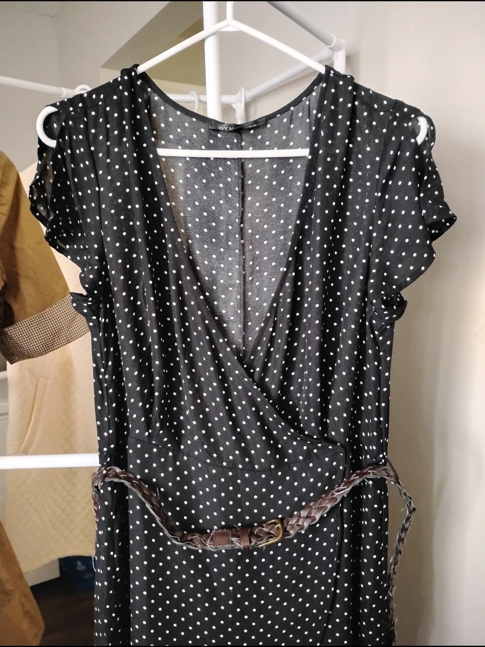 Dynamite Women's Black Polka Dot High-Low Wrap Maxi Split Short Sleeve Dress